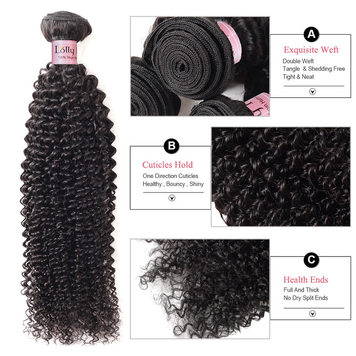 Lolly Hair Peruvian Unprocessed Kinky Curly Human Hair 2 Bundles With 13x4 Lace Frontal Closure 9A : LOLLYHAIR