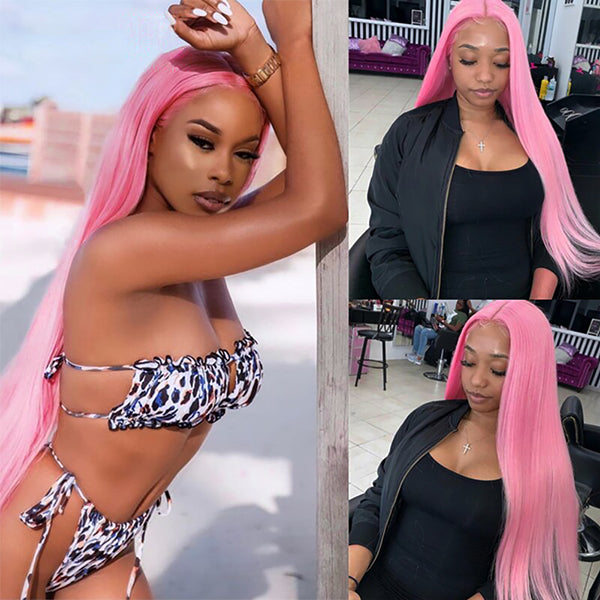 Pink Lace Front Wig T Part Lace Wig Straight Colored Human Hair Wigs
