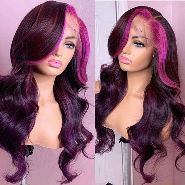 Purple Pink Human Hair Wig Skunk Stripe Lace Front Wigs Pink Streak At Front