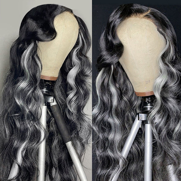 Platinum Blonde Grey Highlights Body Wave Lace Front Wigs 13x4 Piano Colored Human Hair Wigs