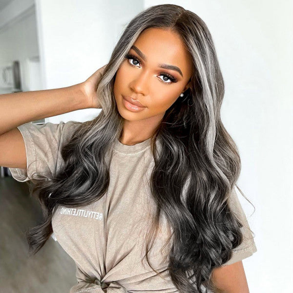 Platinum Blonde Grey Highlights Body Wave Lace Front Wigs 13x4 Piano Colored Human Hair Wigs