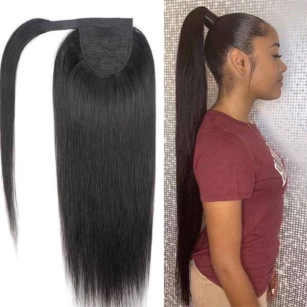 Straight Human Hair Long Wrap Around Ponytail Hair Extensions with Clip 30inch Drawstring Ponytails