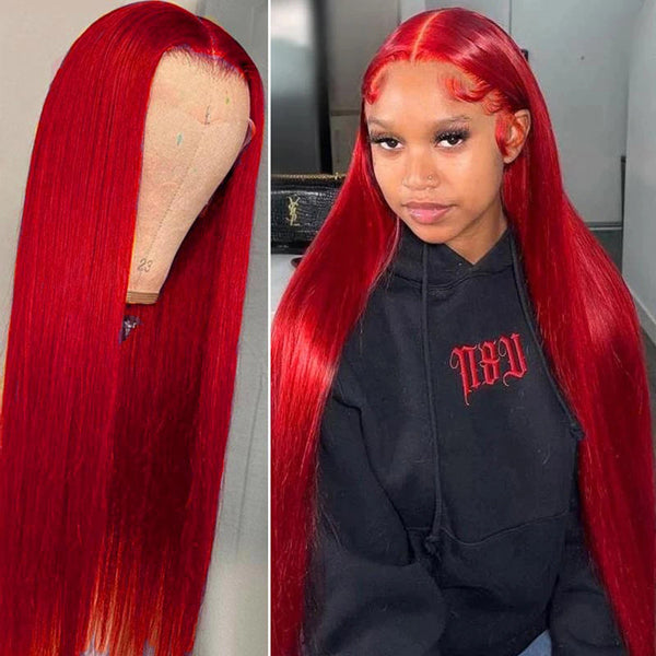Red Lace Front T part 13x1 Wig Long Straight 30 inch Human Hair Wig HD Lace