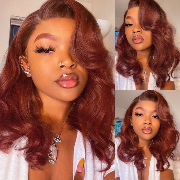 Reddish Brown Wavy Bob Wigs Short Colored 13x4 Glueless Lace Front Human Hair Wigs