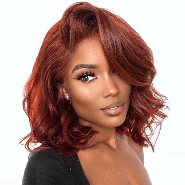 Reddish Brown Wavy Bob Wigs Short Colored 13x4 Glueless Lace Front Human Hair Wigs