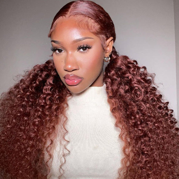 Reddish Brown #33 Colored Curly Human Hair Wigs Glueless 13x4 HD Transparent Lace Frontal Wig Pre Plucked Wig Styles 2023