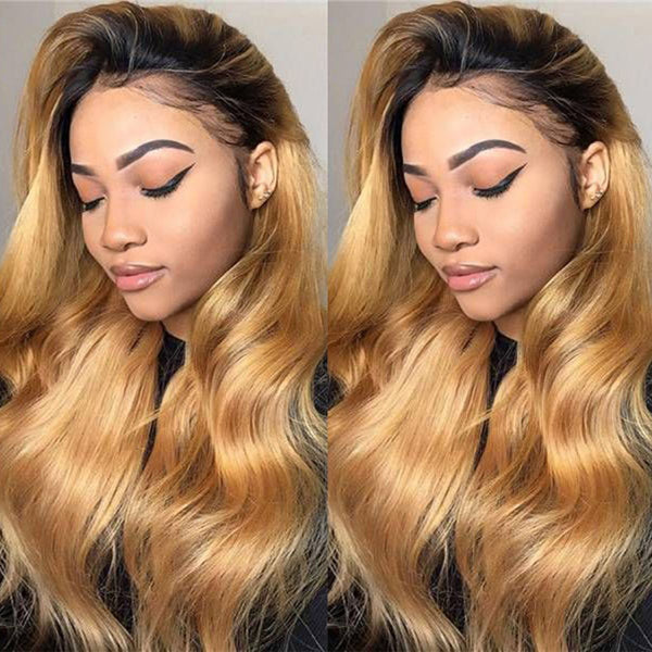 Ombre Honey Blonde Glueless 13x4 HD Lace Front Wigs 1b 27 Colored Body Wave Human Hair Wigs