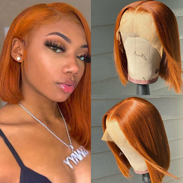 Short Ginger Lace Front Bob Wigs Side Part Straight Colored Human Hair Bob Wigs