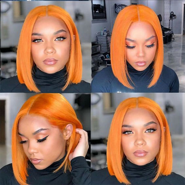 Short Ginger Lace Front Bob Wigs Side Part Straight Colored Human Hair Bob Wigs