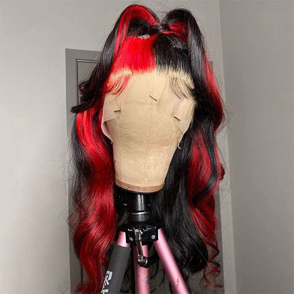 Lolly 1B Red Highlight Glueless Wigs Body Wave 13x4 HD Lace Front Wig Skunk Stripe Ombre Colored Human Hair Wigs