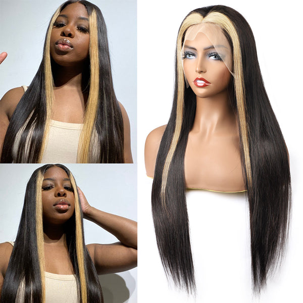 Skunk Stripe Hair Highlight Colored Wig Straight Lace Front Human Hair Wigs