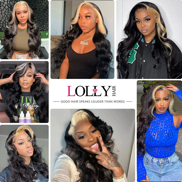 Lolly 613 Blonde Highlight Skunk Stripe Wear Go Wigs Pre Plucked Body Wave 13x4 Glueless HD Transparent Lace Front Wigs
