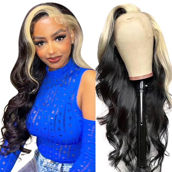 Lolly 613 Blonde Highlight Skunk Stripe Wear Go Wigs Pre Plucked Body Wave 13x4 Glueless HD Transparent Lace Front Wigs
