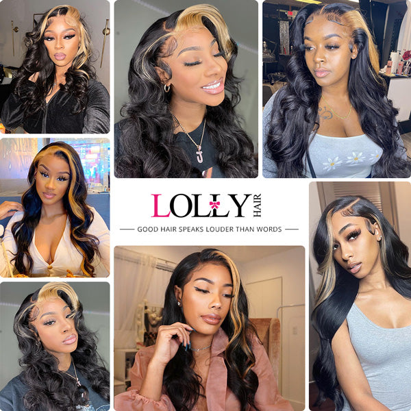 Lolly HD Transparent Skunk Stripe Wig Black Wig with Blonde Highlights 13x4 Body Wave Lace Front Wig with Streaks in Front