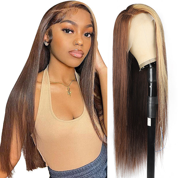 Skunk Stripe Wig with Honey Blonde Highlights HD Straight Lace Front Human Hair Wigs