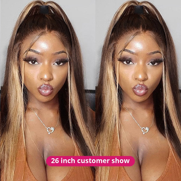 Skunk Stripe Wig with Honey Blonde Highlights HD Straight Lace Front Human Hair Wigs