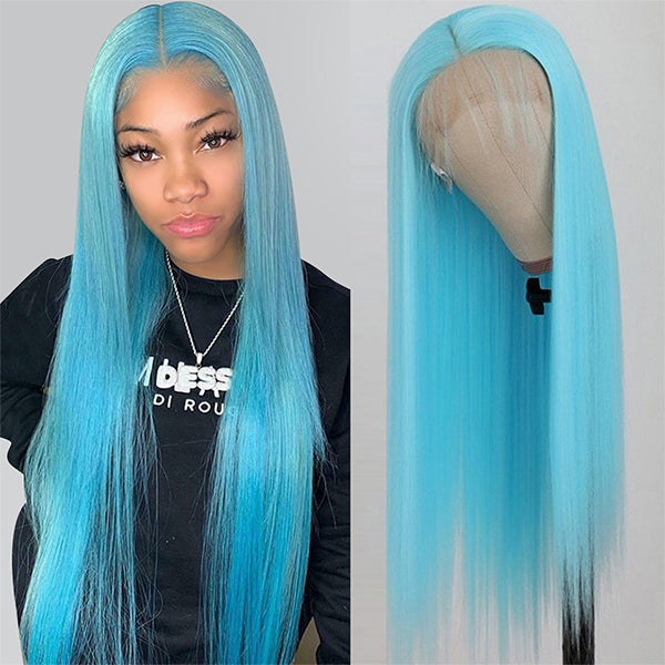 Sky Blue Lace Front Wig 13x4 HD Transparent Straight Lace Front Human Hair Wigs
