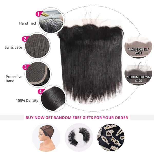 Straight Hair Bundles with 13x6 HD Lace Frontal Cloure Natural Color Human Hair 3 Bundles with Frontal