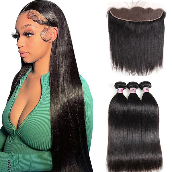 Straight Human Hair Bundles with Frontal 13x4 HD Transparent Lace Frontal with 3 Bundles