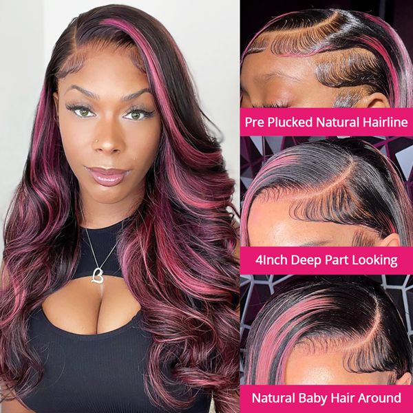 Body Wave 13x4 HD Lace Front Human Hair Wigs Black Hair With Purple Red Highlights Lace frontal Wigs
