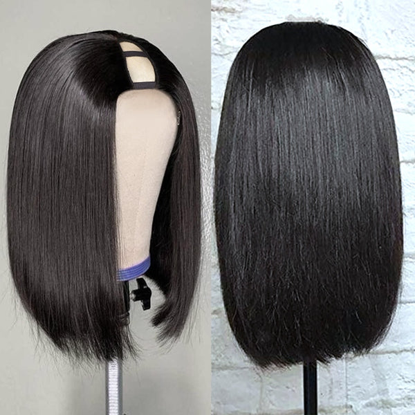 U Part Wig Straight Short Bob Human Hair Wig Full Machine Made Glueless Hair Wigs for Women - LollyHair