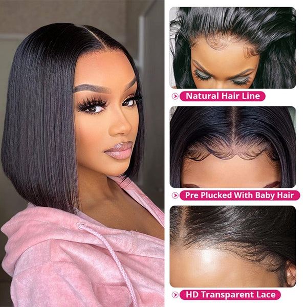 Undetectable Invisible Glueless Bob Wigs 13x4 Straight Lace Front Human Hair Bob Wigs