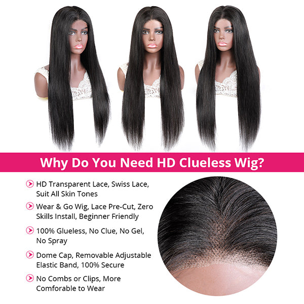 Water Wave 4x4 HD Transparent Glueless Lace Closure Wig Pre-Cut Human Hair Wigs