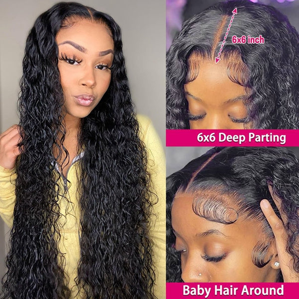 Water Wave Lace Front Wigs 250% 6x6 Closure Wig HD Wet and Wavy Lace Front Wigs for Women