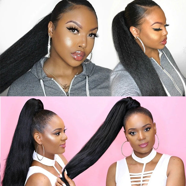 Yaki Straight Ponytail Human Hair Extensions Brazilian Kinky Straight Real Hair Ponytail Clip in
