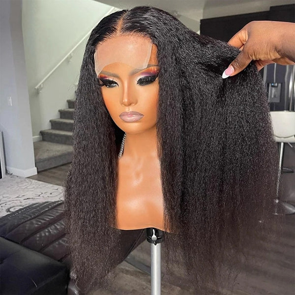 Kinky Straight Glueless Human Hair Wigs 4x4 HD Lace Closure Wig Yaki P ...