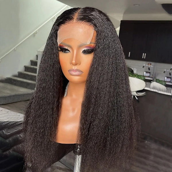 Kinky Straight Glueless Human Hair Wigs 4x4 HD Lace Closure Wig Yaki Pre Plucked Lace Wigs