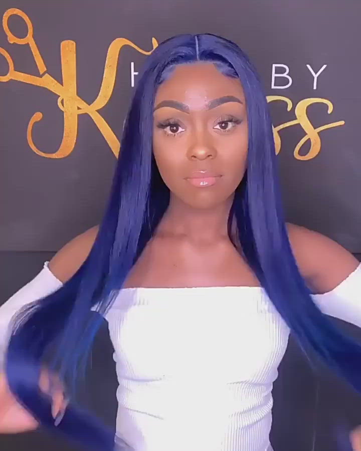 Blue Straight Lace Front Wig Glueless Hd Human Hair Wigs