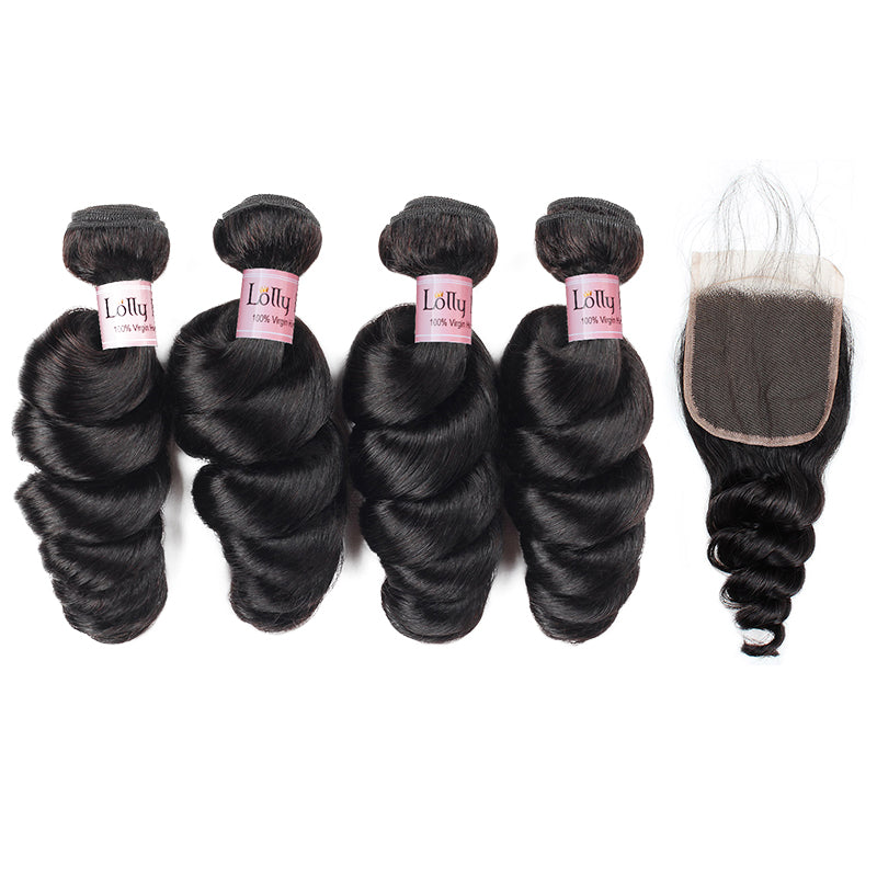 Lolly Hair Loose Wave Human Brazilian Virgin Hair Extensions 4 Bundles with 4x4 Lace Closure : LOLLYHAIR