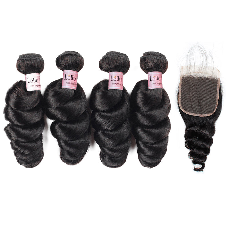 Lolly Hair Malaysian Loose Wave Human Virgin Hair 4 Bundles with 4x4 Lace Closure : LOLLYHAIR