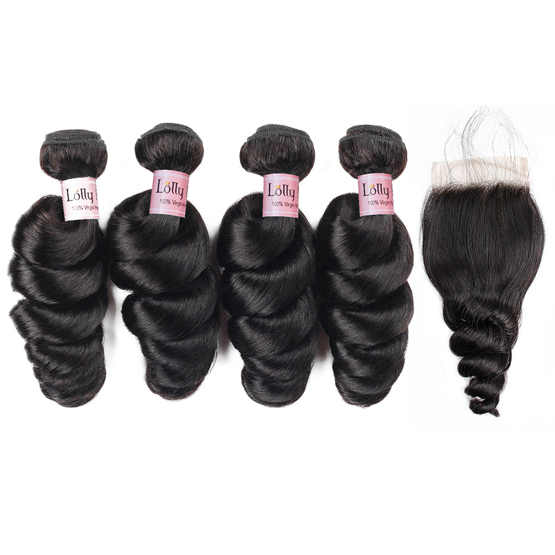 Lolly Hair Indian Loose Wave Human Hair 4 Bundles with 4x4 Lace Closure : LOLLYHAIR